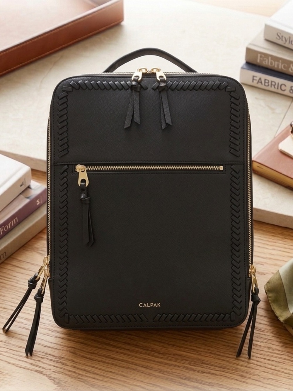 Calpak Black Structured Backpack with Gold Hardware